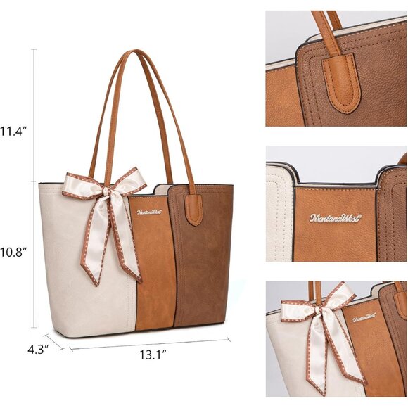 Women Beige With Brown Imported Vegan Leather Medium Top Handle Satchel Tote Bag - Picture 4 of 6